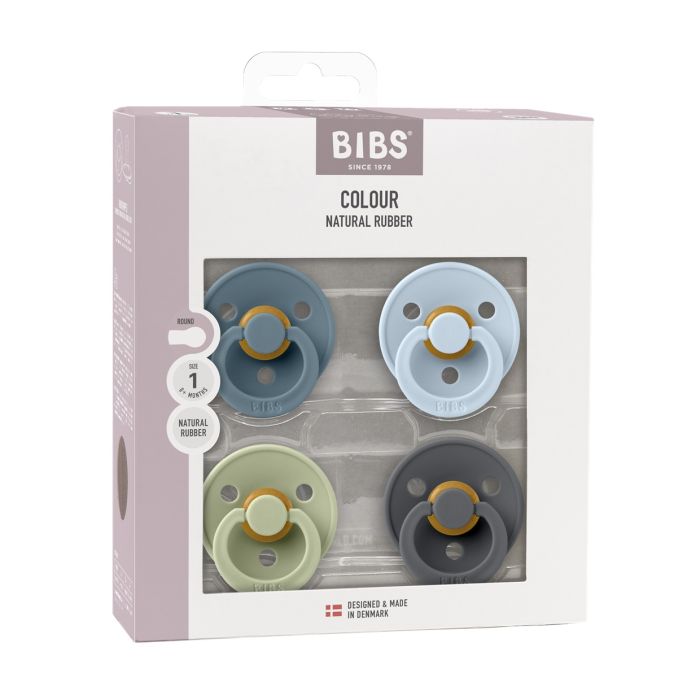Соски пустушки BIBS  0-6 m Colour Latex Round (круглі) 4 PACK – Petrol/Sage/Baby Blue/Iron