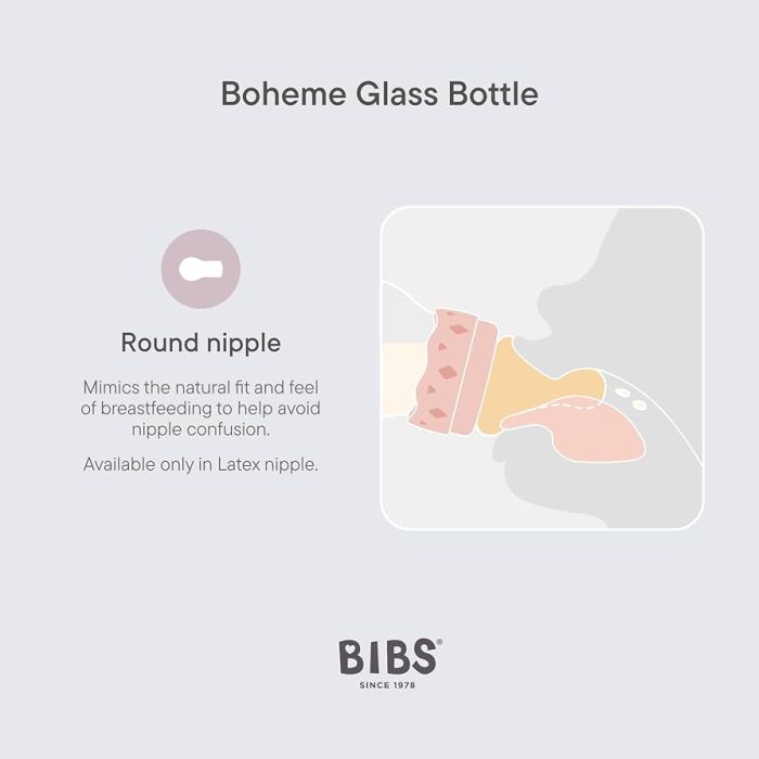 Скляна дитяча пляшечка BIBS Glass Boheme Baby Bottle Round Latex 120 ml, 0+m