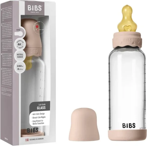 Скляна дитяча пляшечка BIBS Glass Bottle Round Latex Boheme Blush - 240 ml, 2+m
