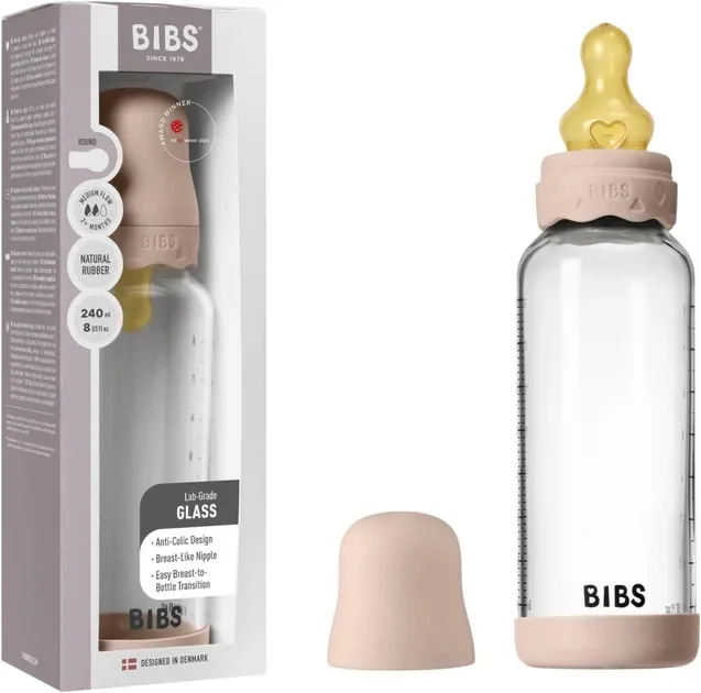 Скляна дитяча пляшечка BIBS Glass Bottle Round Latex Boheme Blush - 240 ml, 2+m