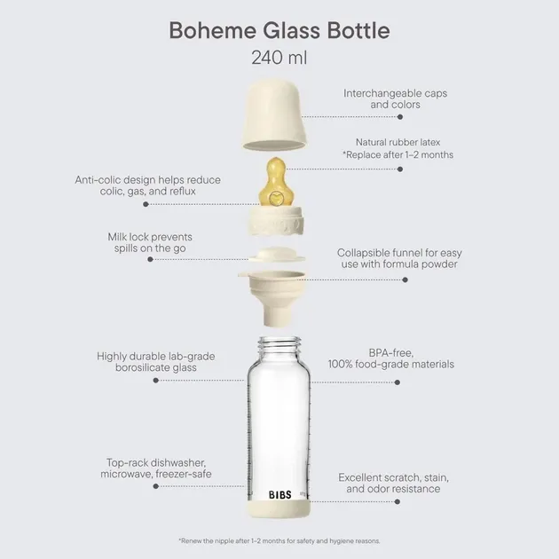 Скляна дитяча пляшечка BIBS Glass Bottle Round Latex Boheme Blush - 240 ml, 2+m