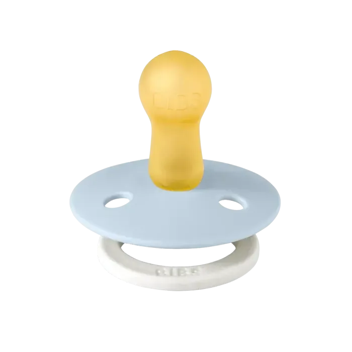 Пустушка BIBS 0-6 m Colour Latex Round (кругла) –  Iron / Baby blue GLOW (світиться в темряві), 2 шт