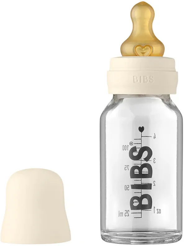 Скляна дитяча пляшечка BIBS Baby Glass Bottle повний комплект  Ivory - 120 ml