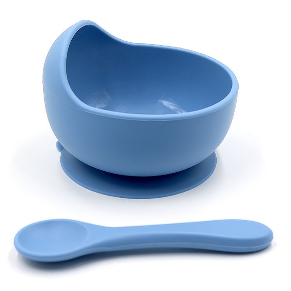 Силіконова тарілка на присосці з ложкою – Powder Blue