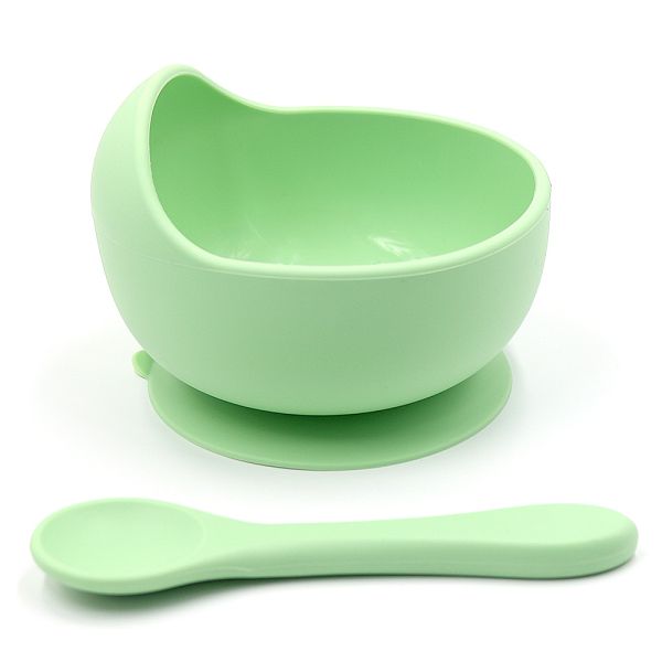 Силиконовая тарелка на присоске с ложкой – Pastel Green