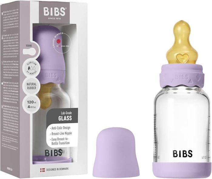 Скляна дитяча пляшечка BIBS Glass Boheme Baby Bottle Round Latex 120 ml, 0+m