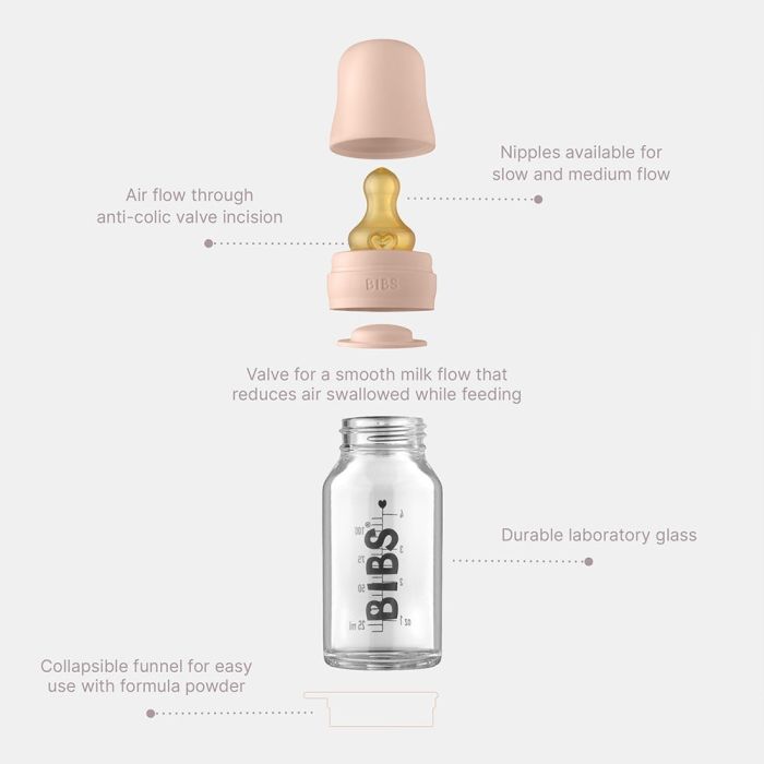 Скляна дитяча пляшечка BIBS Baby Glass Bottle повний комплект Ivory  110 ml  з чохлом