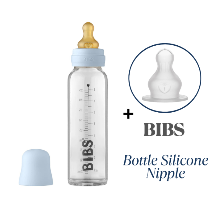 Скляна дитяча пляшечка BIBS Baby Glass Bottle повний комплект  225 ml - Baby Blue з додатковою соскою в подарунок
